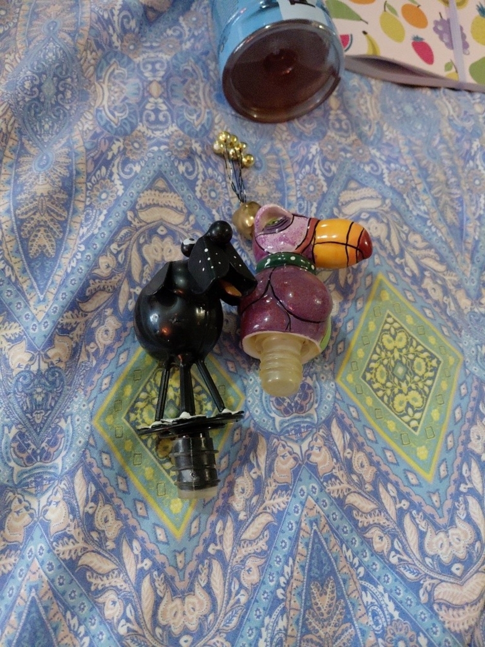 Hand-Painted Black Dog and Purple Bird Bottle Stoppers - Unbranded